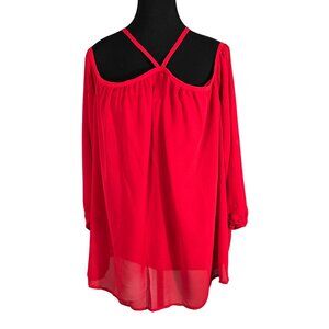 NWT | Vemvan Red Cold-Shoulder Criss-Cross Blouse | Long Balloon Sleeve | XL